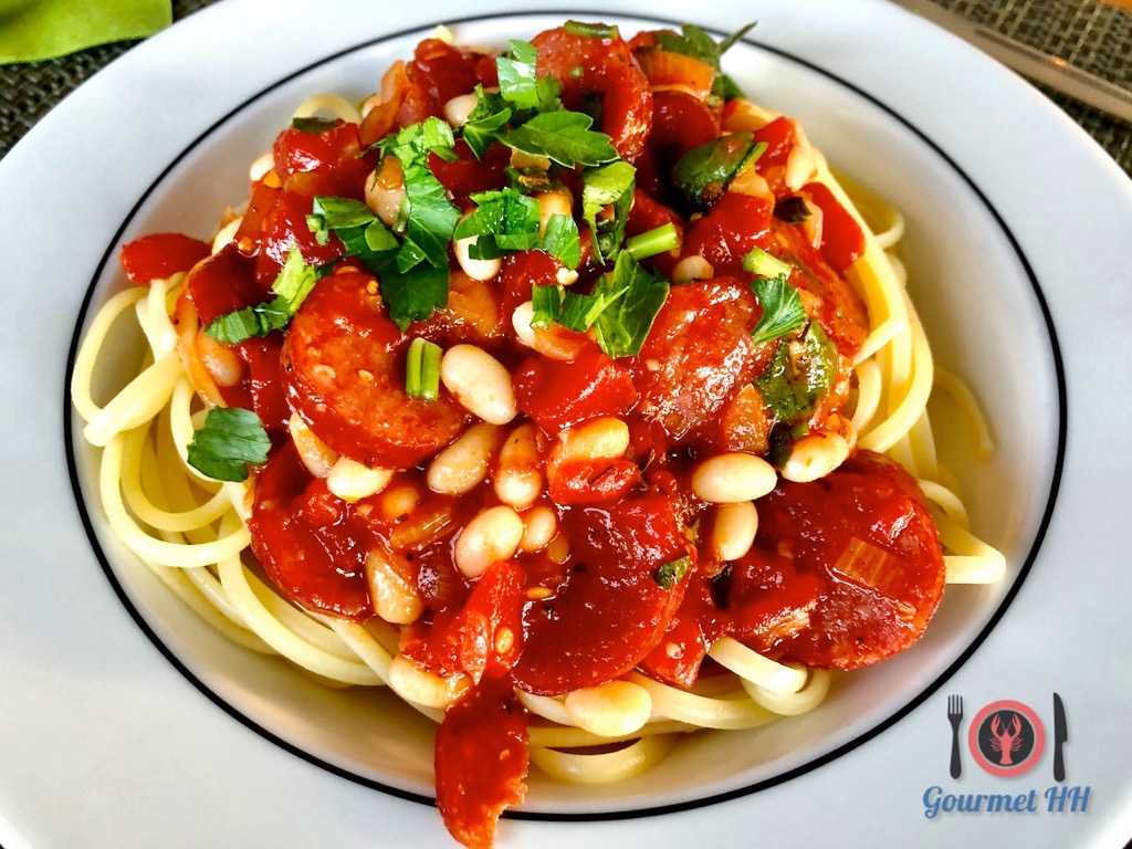 Bild: Spaghetti mit Bohnen und Chorizo pikant