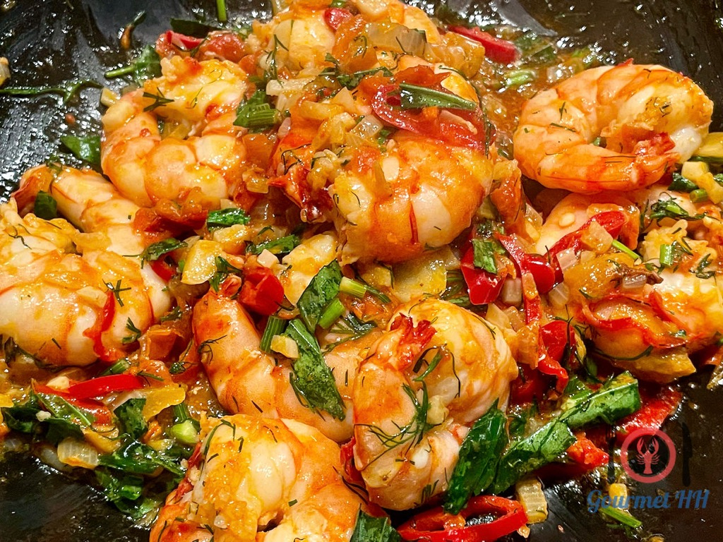 So sollten die Garnelen aussehen, bevor die Spaghetti dazukommen. Bild: Garnelenpfanne